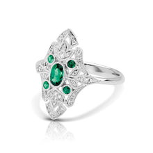 Load image into Gallery viewer, 14kt Gold 1/8 ct tw Vintage Ring F VS Diamonds Emerald Center